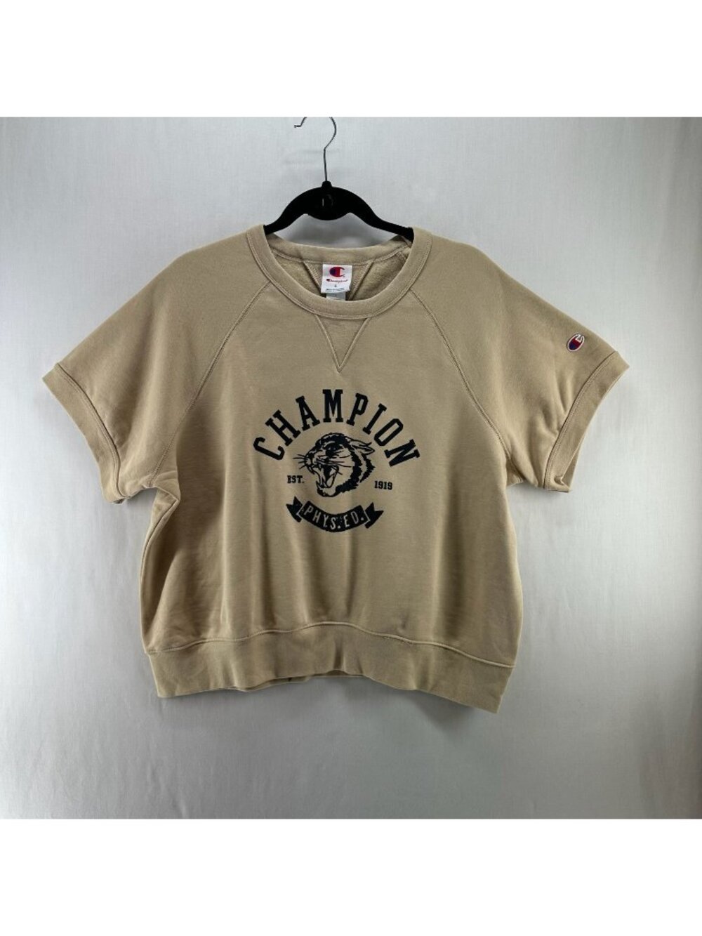 Champion Phys Ed Graphic Short Sleeve Sweatshirt Womens L Crop Fleece Top Beige